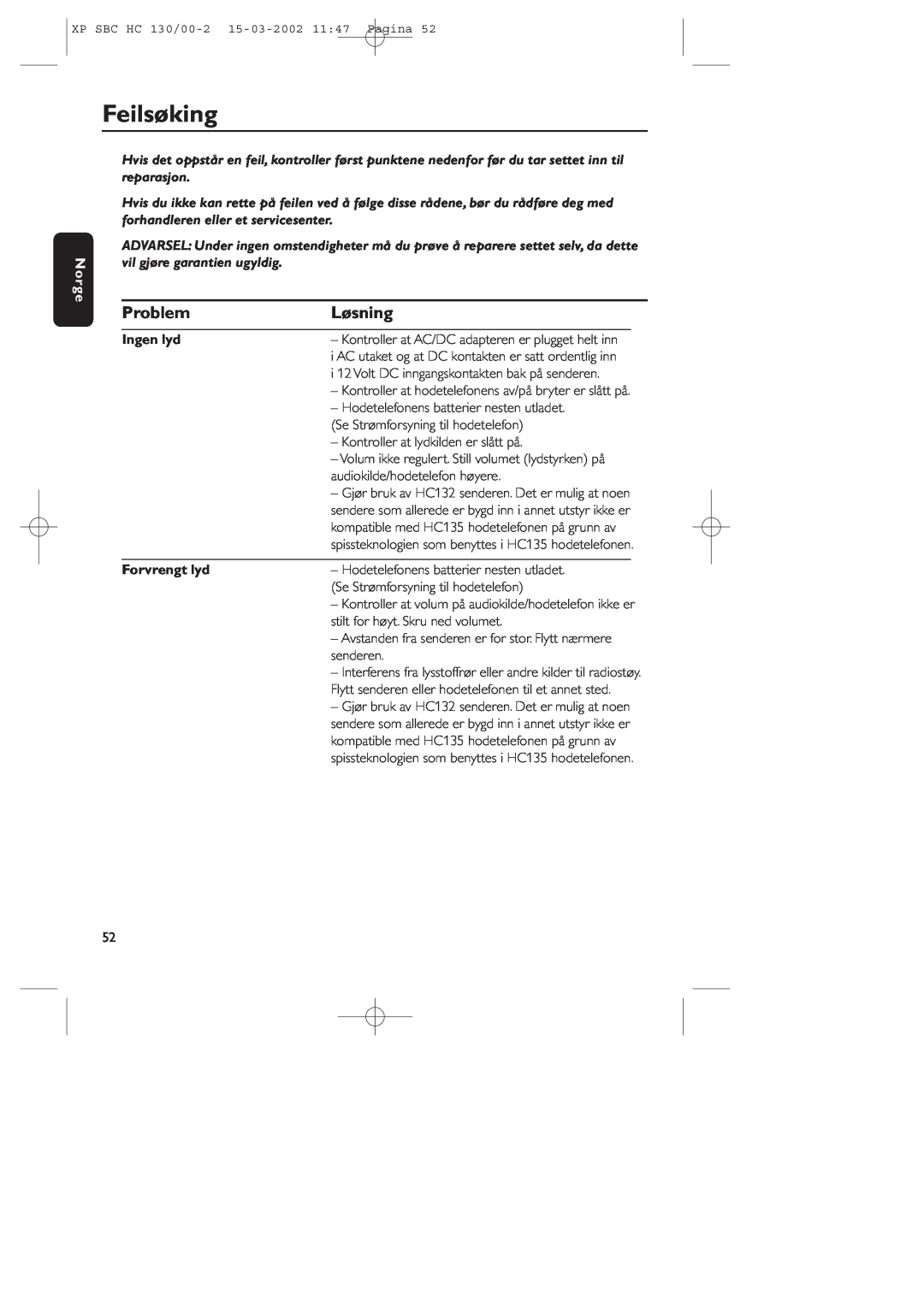 Philips SBC HC130 manual Feilsøking, Problem, Løsning, Norge, Ingen lyd, Forvrengt lyd 