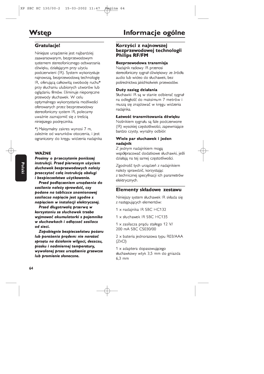 Philips SBC HC130 Wstęp, Informacje ogólne, Gratulacje, Elementy składowe zestawu, Polski, Ważne, Bezprzewodowa transmisja 