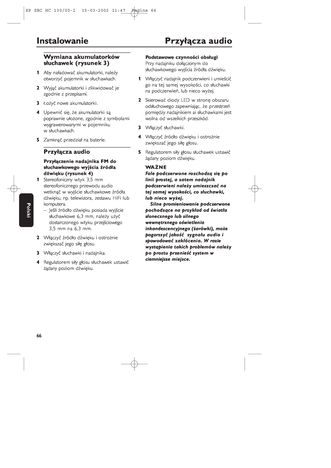Philips SBC HC130 manual Przyłącza audio, Instalowanie, Wymiana akumulatorków słuchawek rysunek, Polski, Ważne 