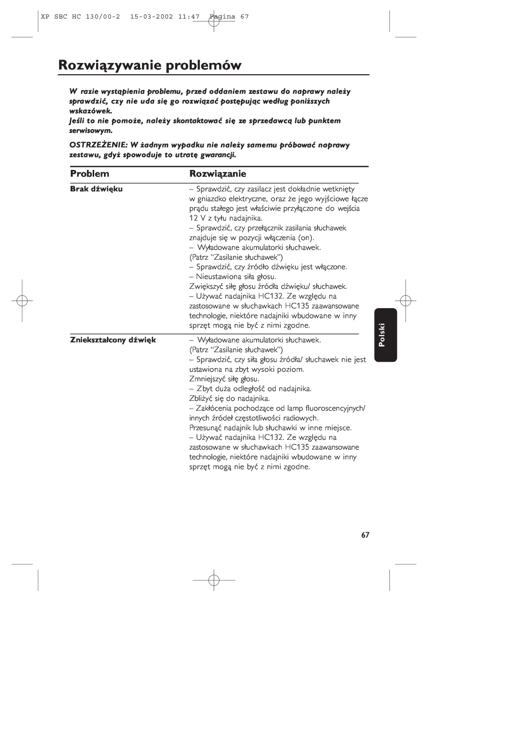 Philips SBC HC130 manual Rozwiązywanie problemów, Problem, Rozwiązanie, Brak dźwięku, Zniekształcony dźwięk, Polski 