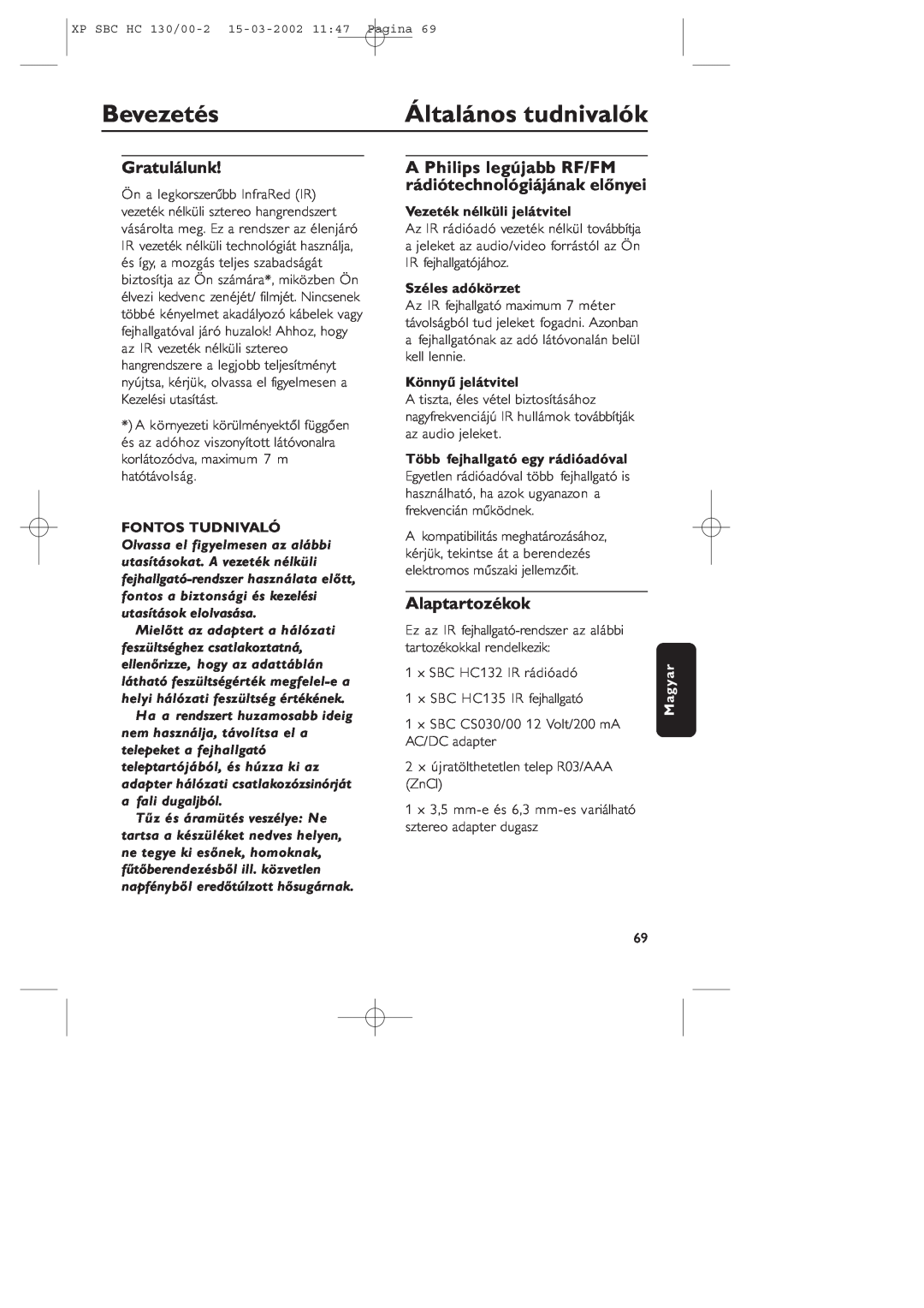 Philips SBC HC130 manual Bevezetés, Általános tudnivalók, Gratulálunk, Alaptartozékok, Vezeték nélküli jelátvitel, Magyar 