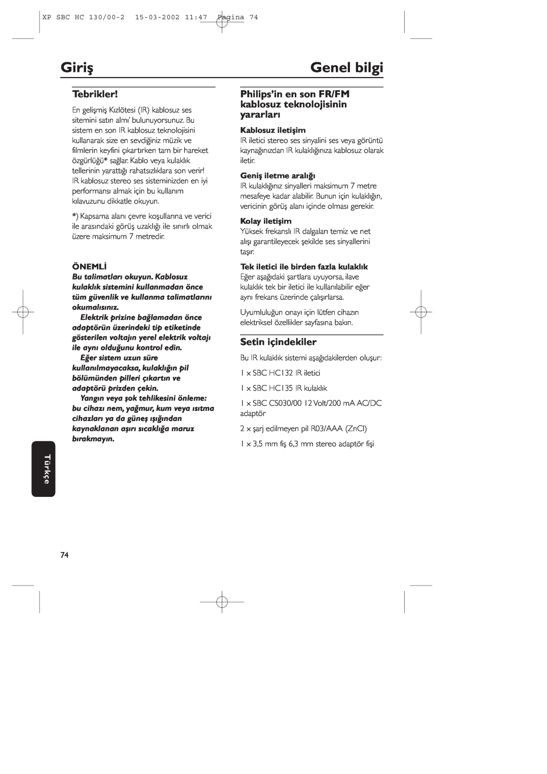 Philips SBC HC130 Giriş, Genel bilgi, Tebrikler, Setin içindekiler, Önemli, Türkçe, Kablosuz iletişim, Kolay iletişim 