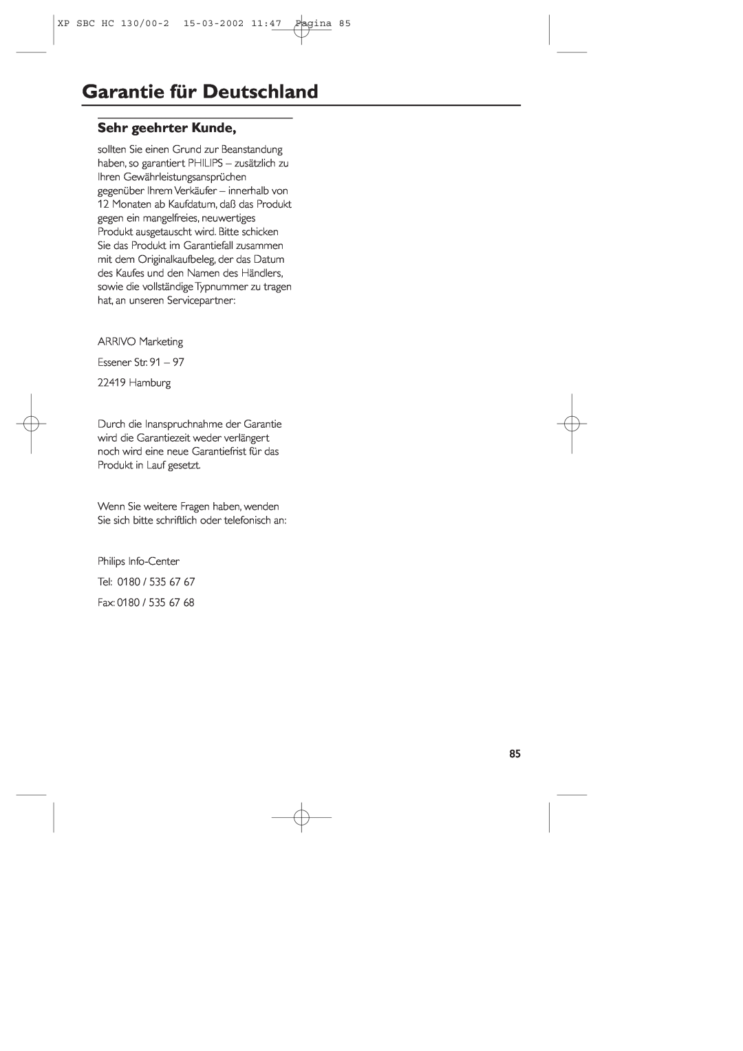 Philips SBC HC130 manual Garantie für Deutschland, Sehr geehrter Kunde 