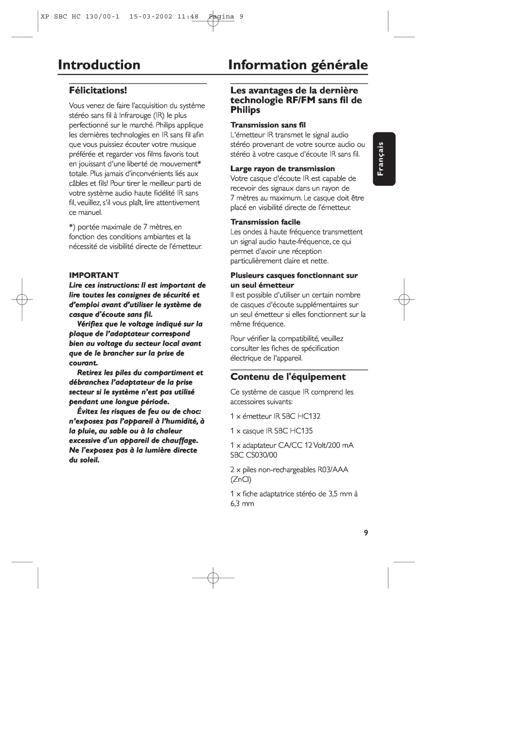 Philips SBC HC130 manual Information générale, Introduction, Félicitations, Contenu de léquipement, Transmission sans ﬁl 