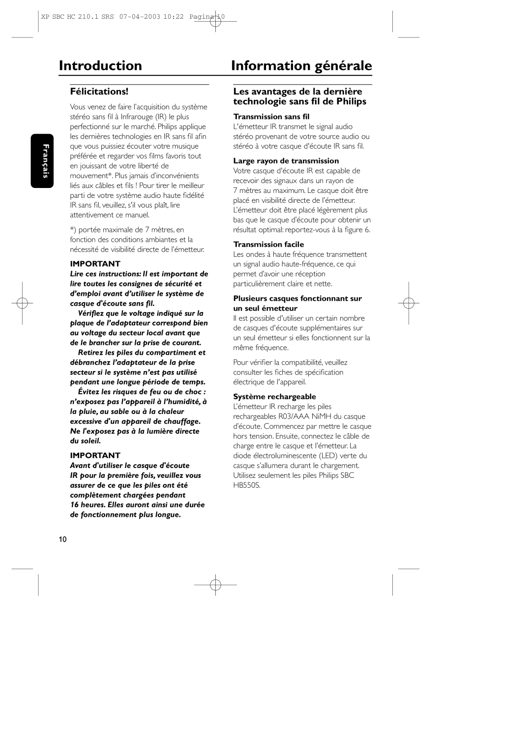 Philips SBC HC210 manual Introduction Information générale, Félicitations 