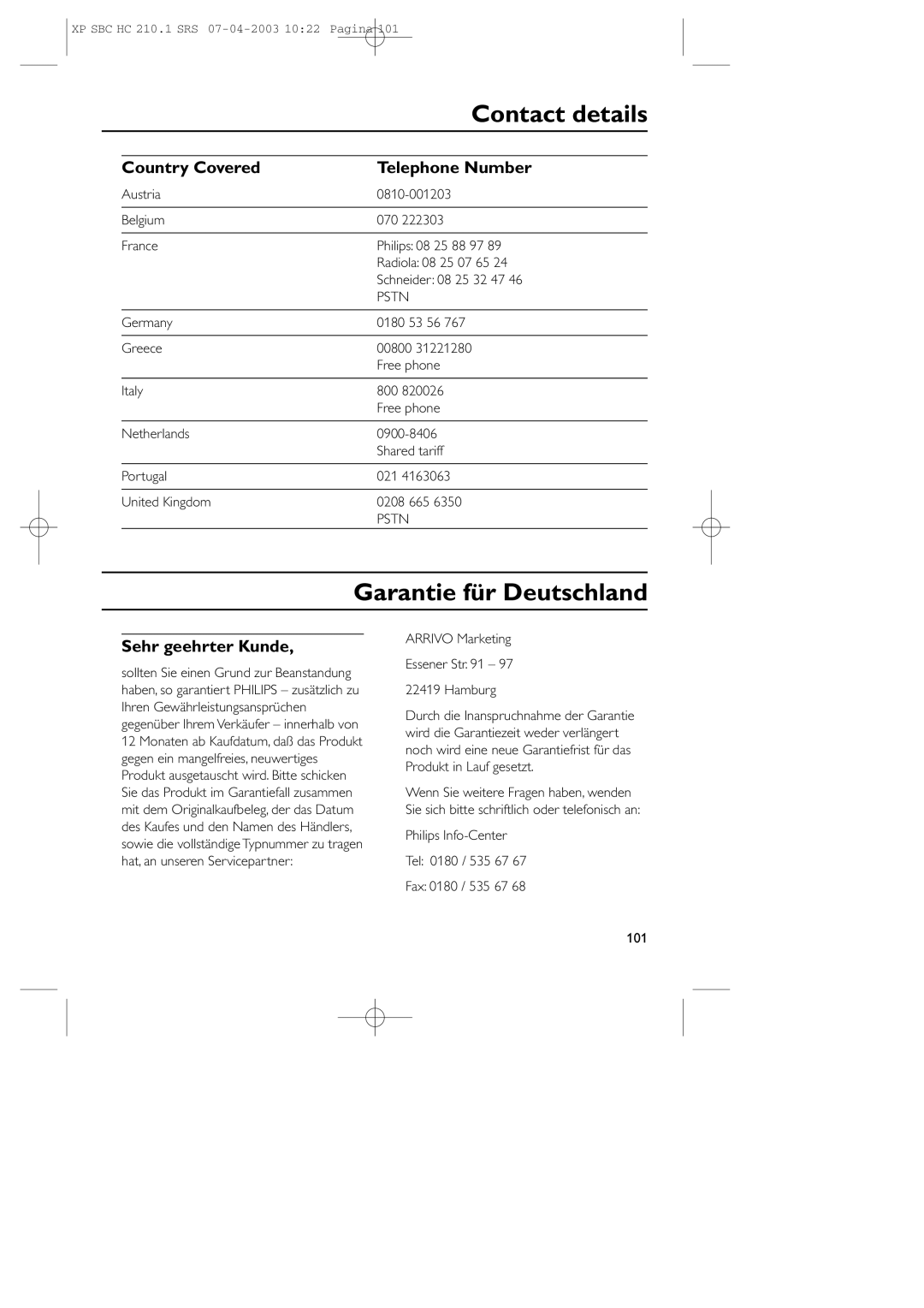 Philips SBC HC210 manual Contact details, Garantie für Deutschland, Country Covered Telephone Number, Sehr geehrter Kunde 