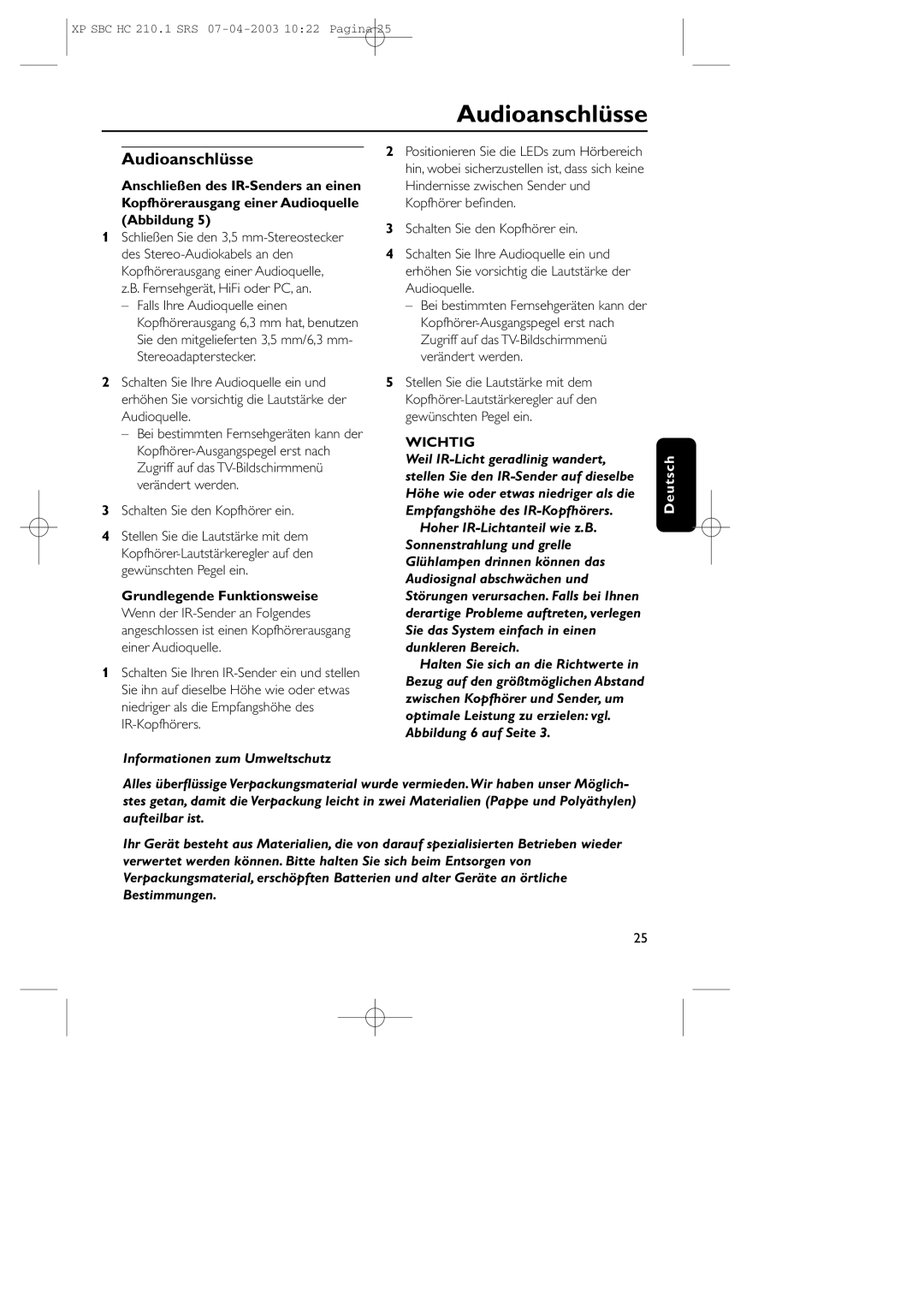 Philips SBC HC210 manual Audioanschlüsse, Schalten Sie den Kopfhörer ein, Informationen zum Umweltschutz, Wichtig 