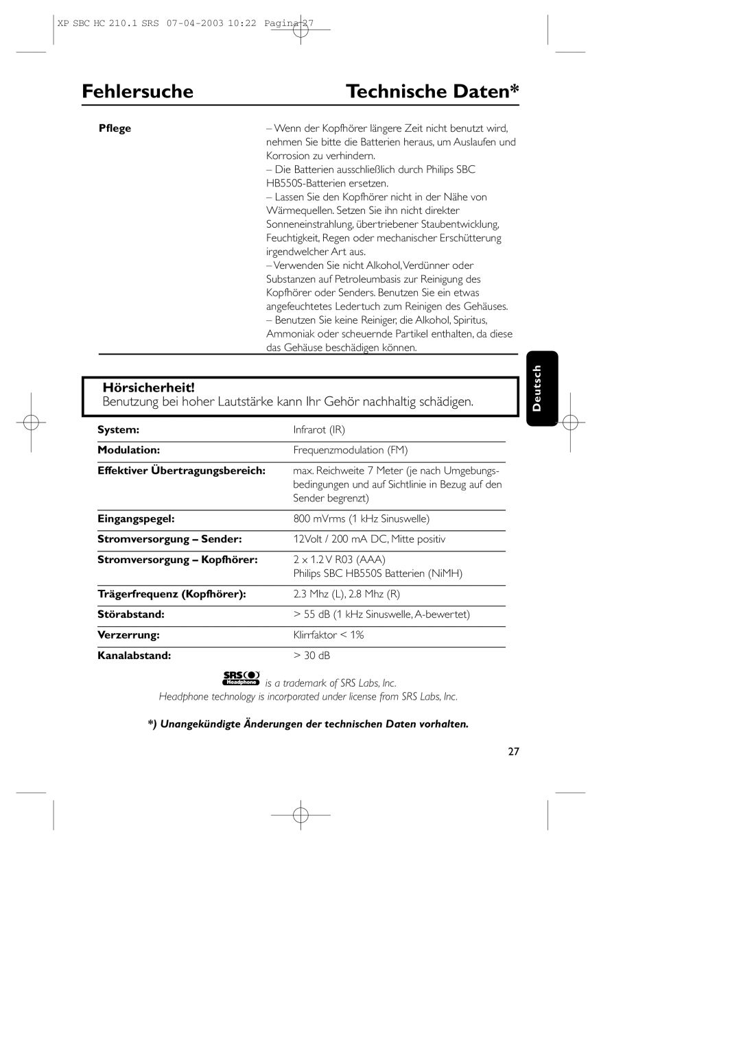 Philips SBC HC210 manual Technische Daten, Hörsicherheit, Unangekündigte Änderungen der technischen Daten vorhalten 