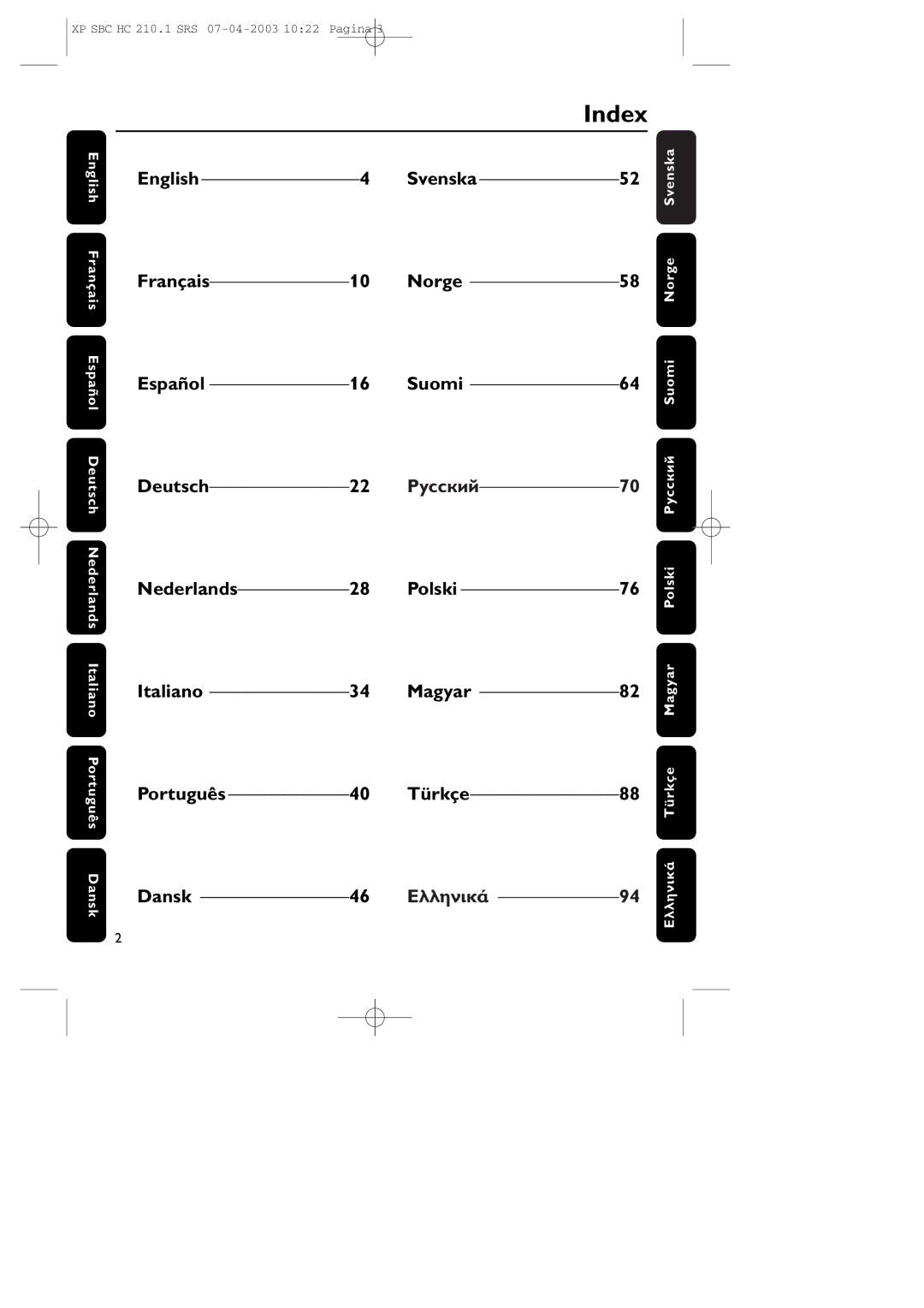 Philips SBC HC210 manual Index 