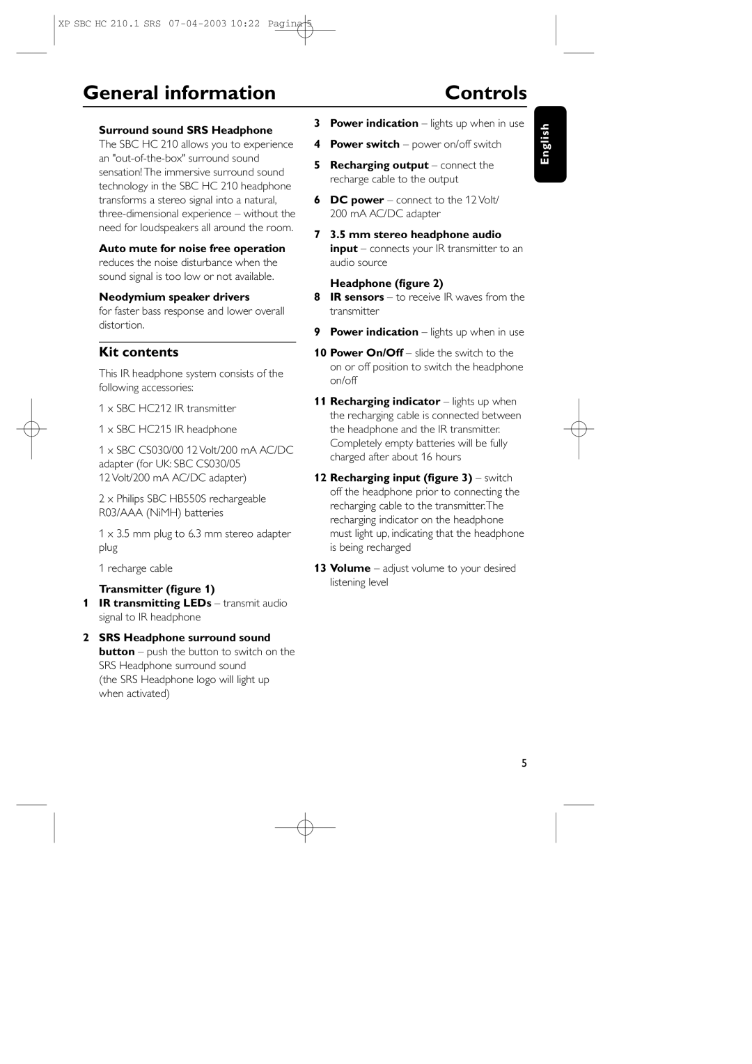 Philips SBC HC210 manual General information Controls, Kit contents 