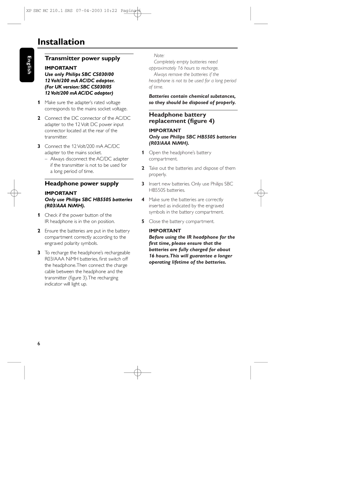 Philips SBC HC210 Installation, Transmitter power supply, Headphone power supply, Headphone battery replacement ﬁgure 