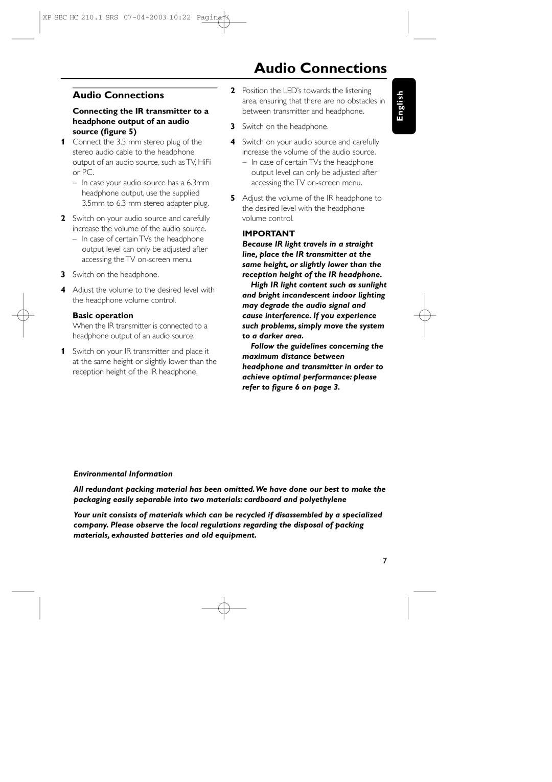 Philips SBC HC210 manual Audio Connections, Basic operation, Environmental Information, Switch on the headphone 