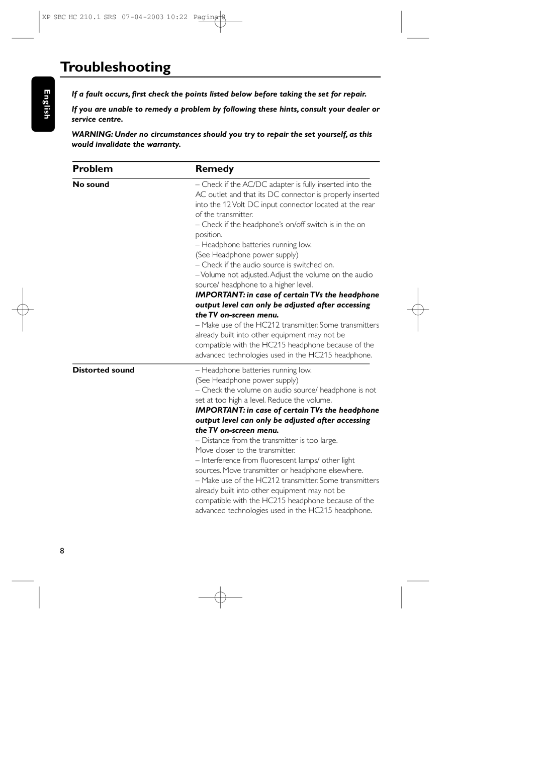 Philips SBC HC210 manual Troubleshooting, Problem Remedy, No sound, TV on-screen menu, Distorted sound 