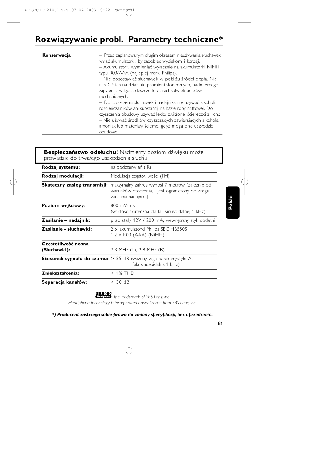 Philips SBC HC210 manual Rozwiązywanie probl. Parametry techniczne 