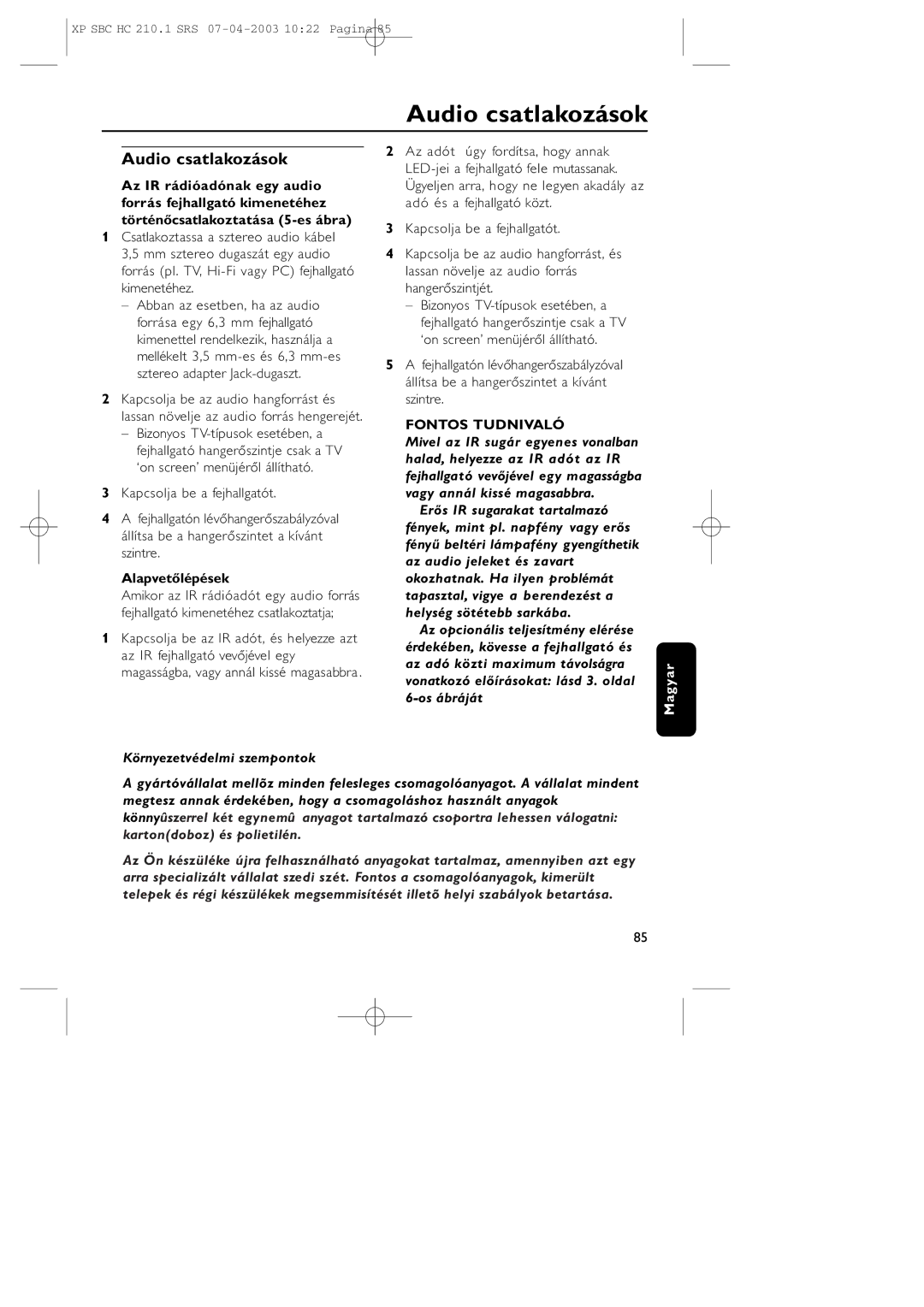 Philips SBC HC210 manual Audio csatlakozások, Alapvetőlépések, Környezetvédelmi szempontok 