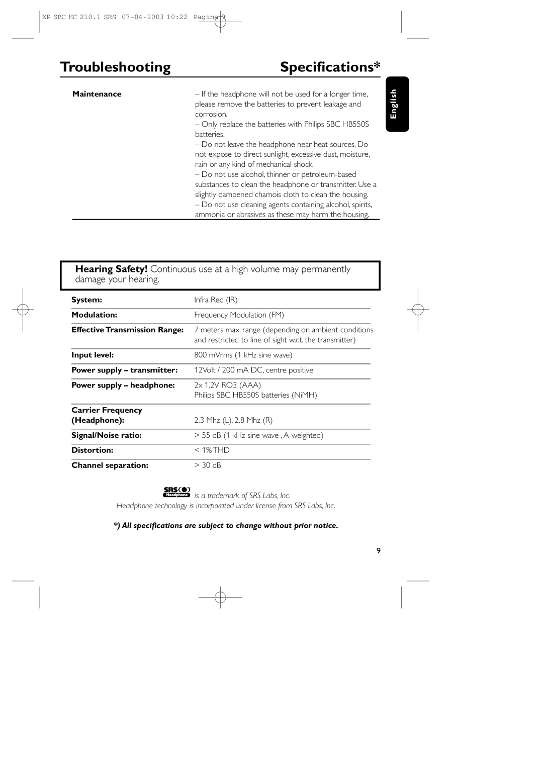 Philips SBC HC210 manual Speciﬁcations 