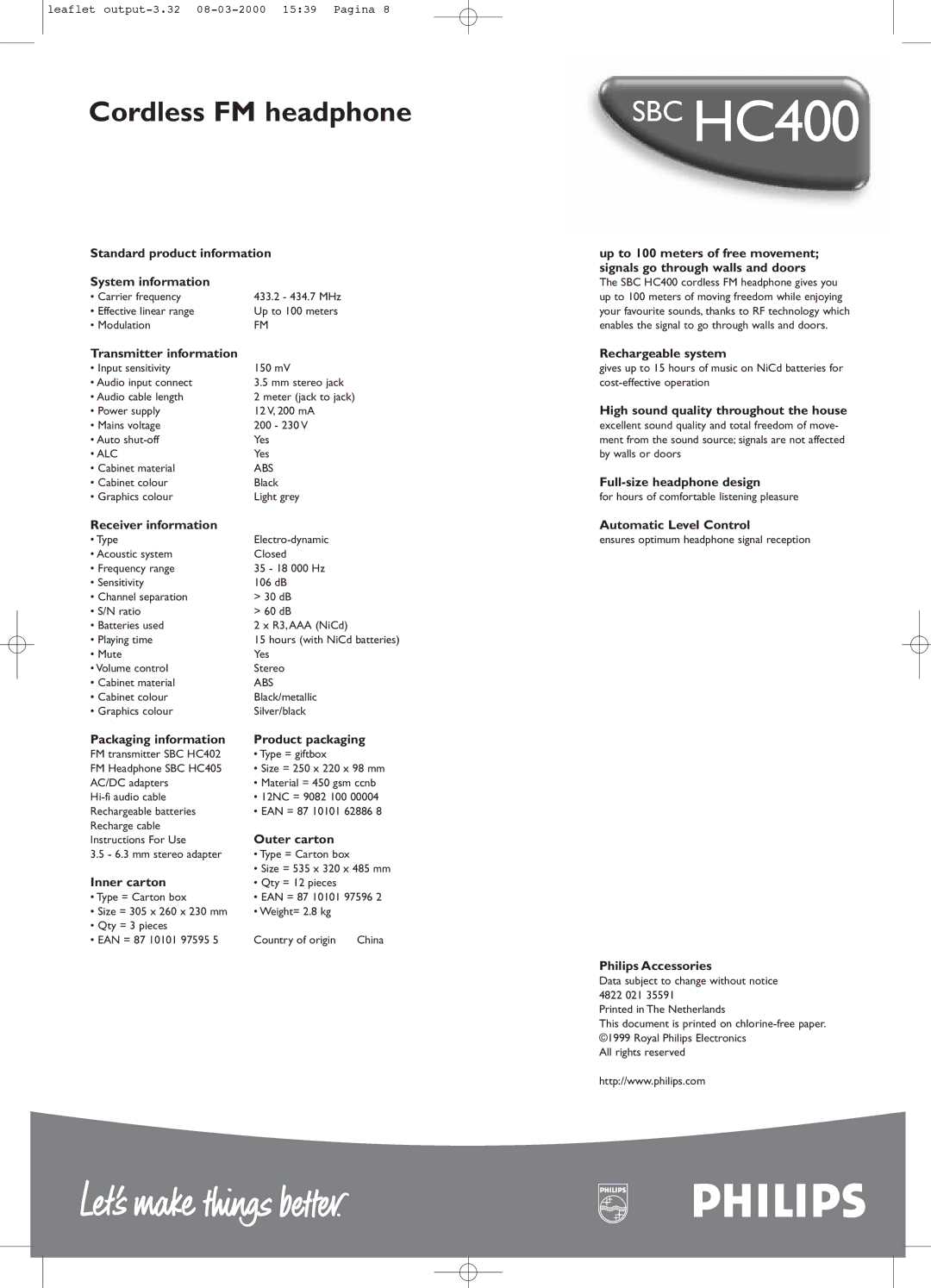 Philips SBC HC400 manual Standard product information System information, Transmitter information, Receiver information 