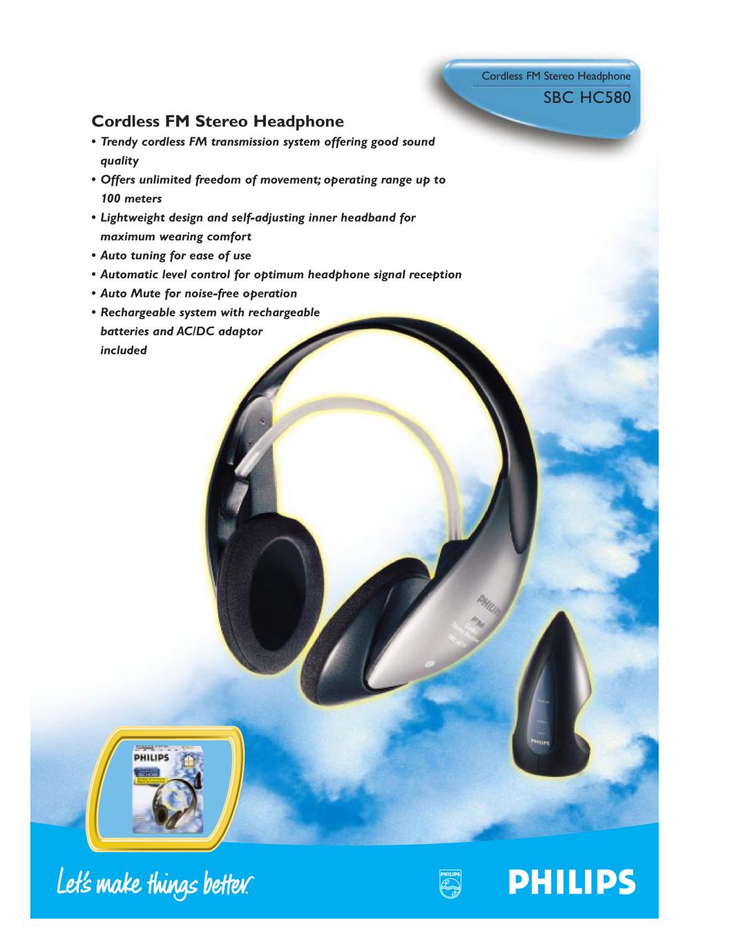 Philips SBC HC580 manual Cordless FM Stereo Headphone 
