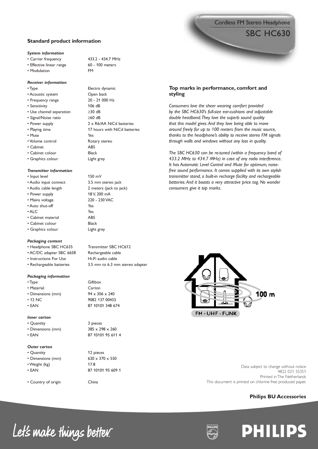 Philips SBC HC630 manual Standard product information, Top marks in performance, comfort, Styling, Philips BU Accessories 