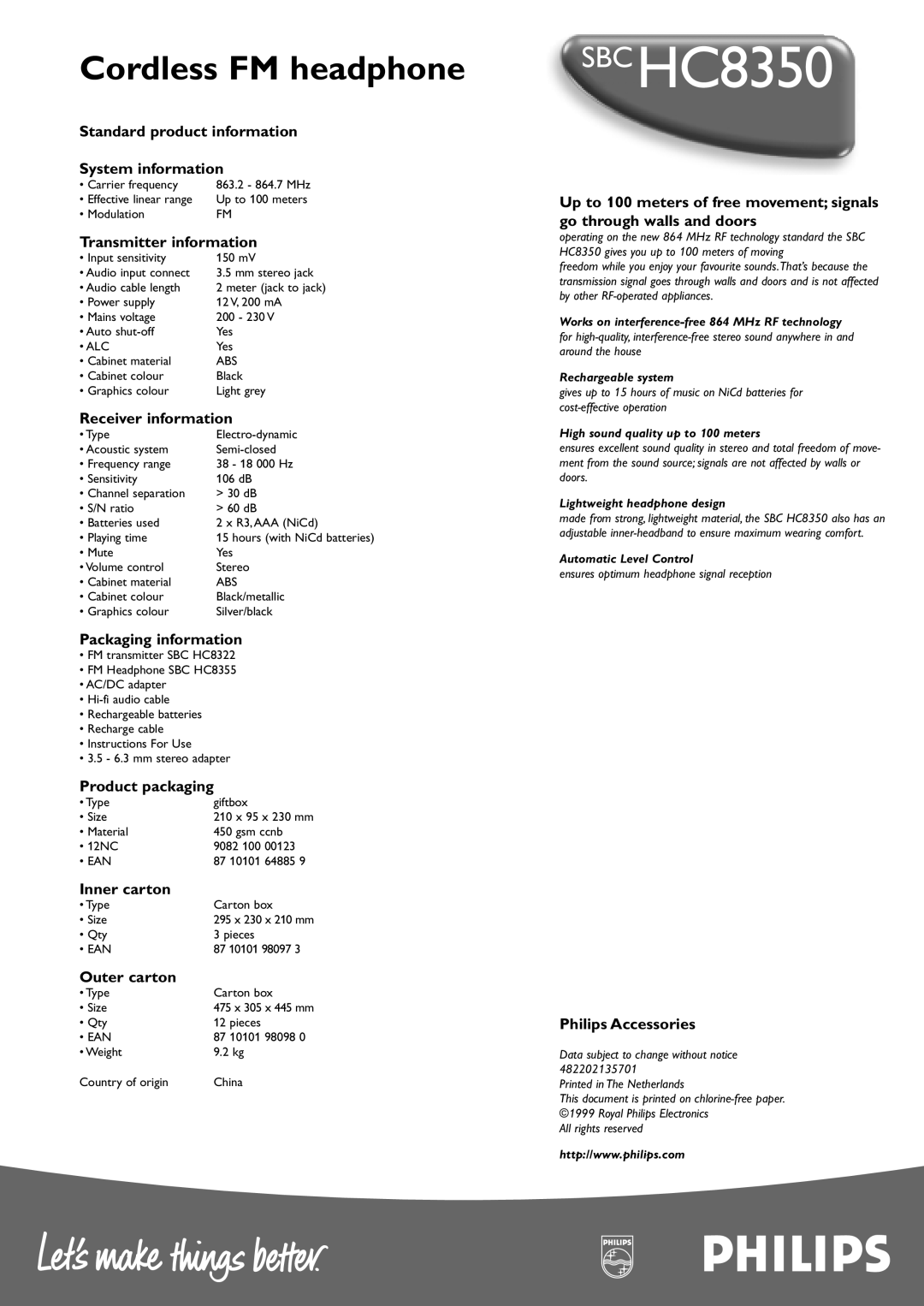 Philips SBC HC8350 manual Standard product information System information, Transmitter information, Receiver information 