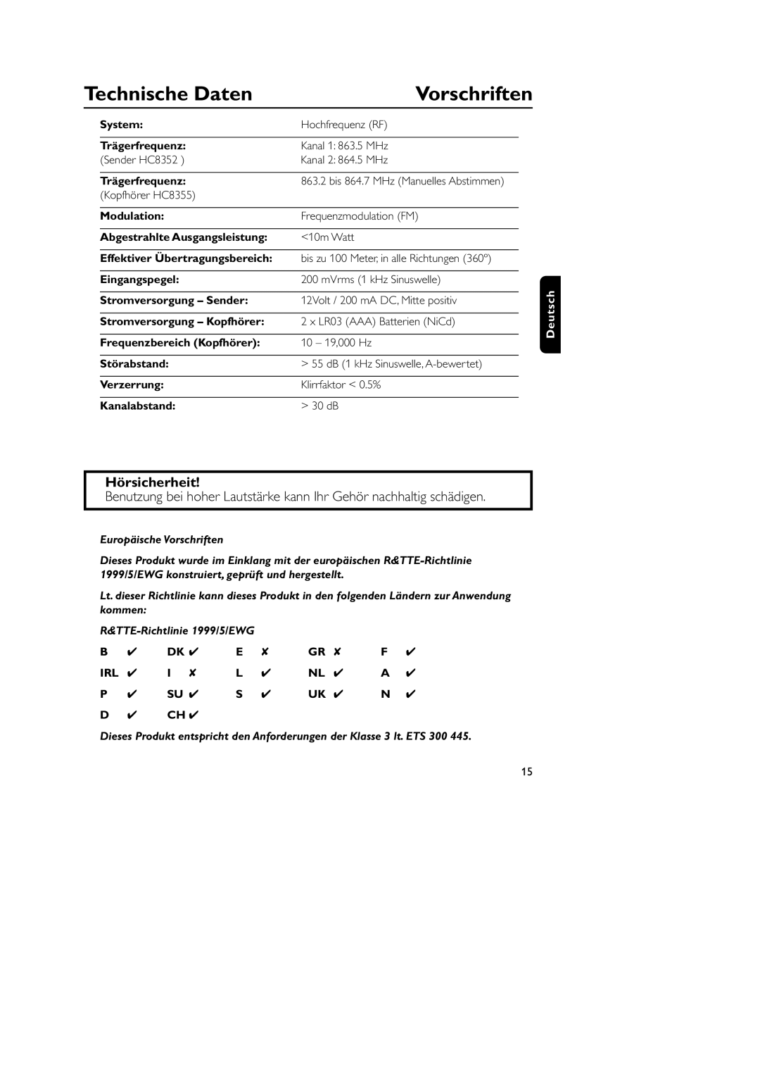 Philips SBC HC8355, SBC CS030/00, HC8349 manual Technische Daten, Vorschriften, Hörsicherheit 