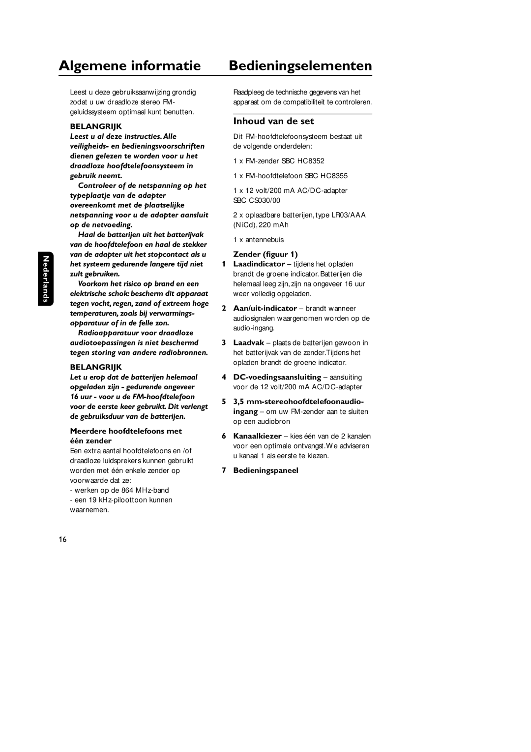 Philips SBC CS030/00, SBC HC8355, HC8349 manual Algemene informatie, Bedieningselementen, Inhoud van de set, Nederlands 