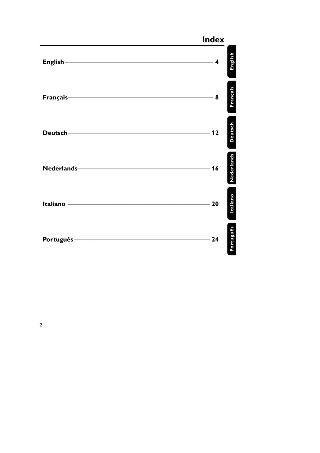 Philips SBC HC8355, SBC CS030/00, HC8349 manual Index, English Français Deutsch Nederlands Italiano Português 