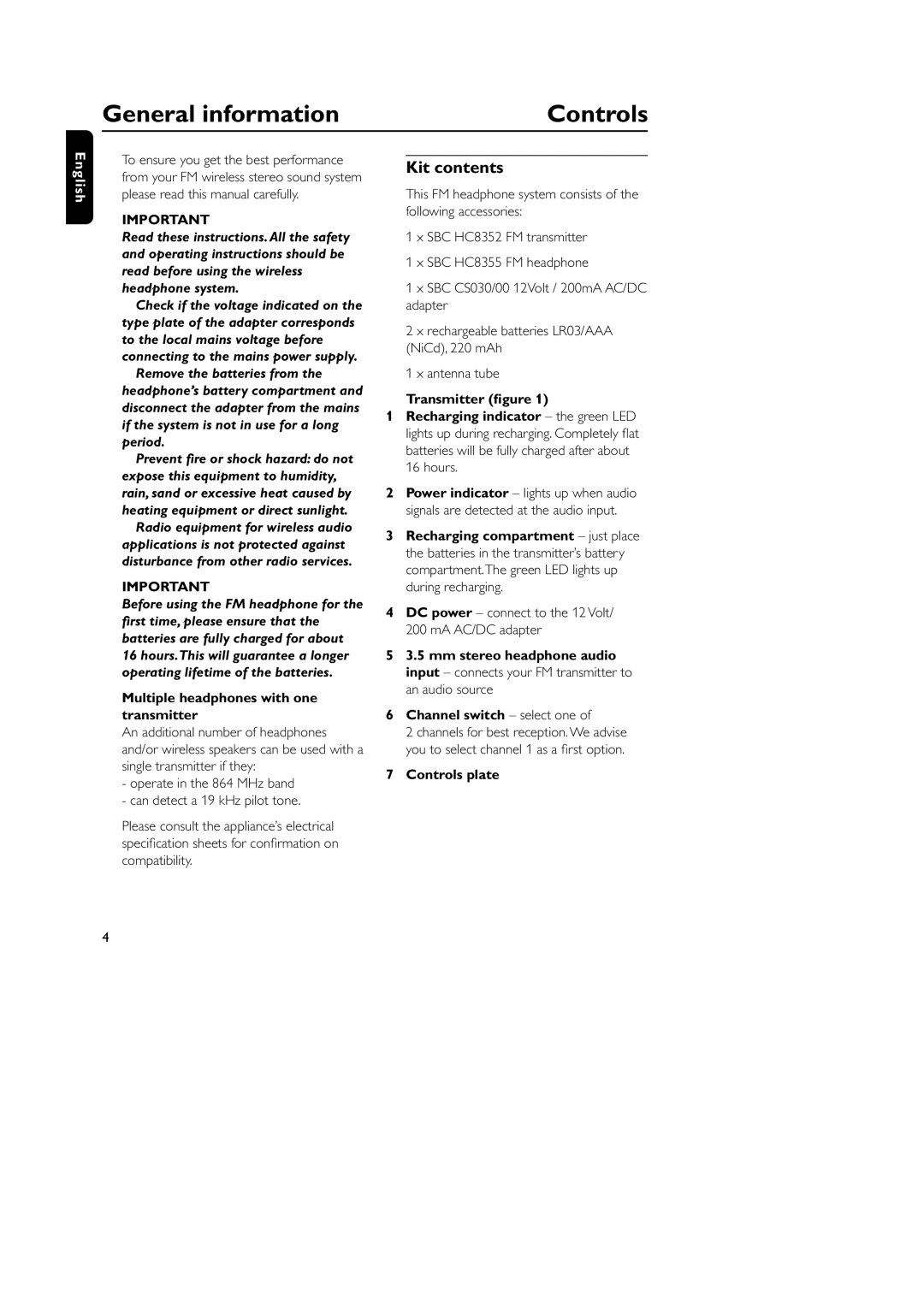 Philips SBC CS030/00, SBC HC8355, HC8349 manual General information Controls, Kit contents 