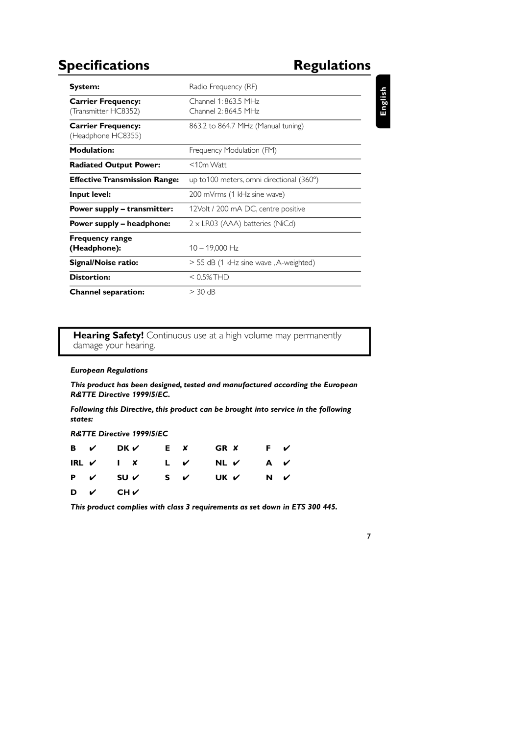 Philips SBC CS030/00, SBC HC8355, HC8349 manual Speciﬁcations, Regulations 