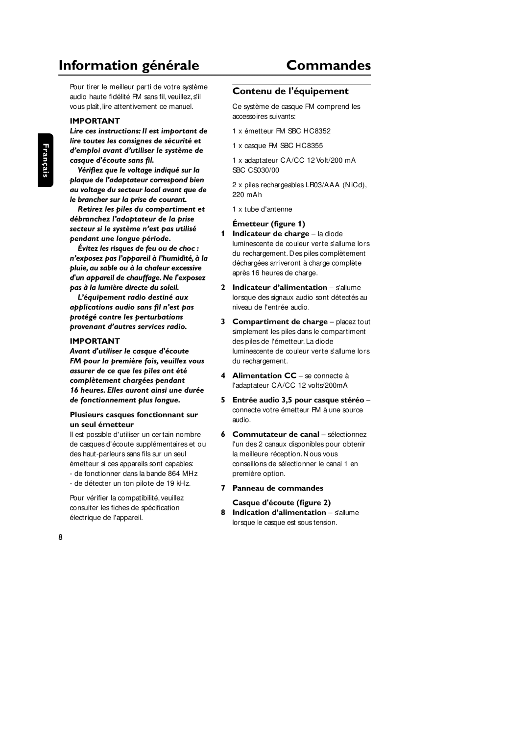 Philips HC8349, SBC HC8355, SBC CS030/00 manual Information générale Commandes, Contenu de léquipement, Français 