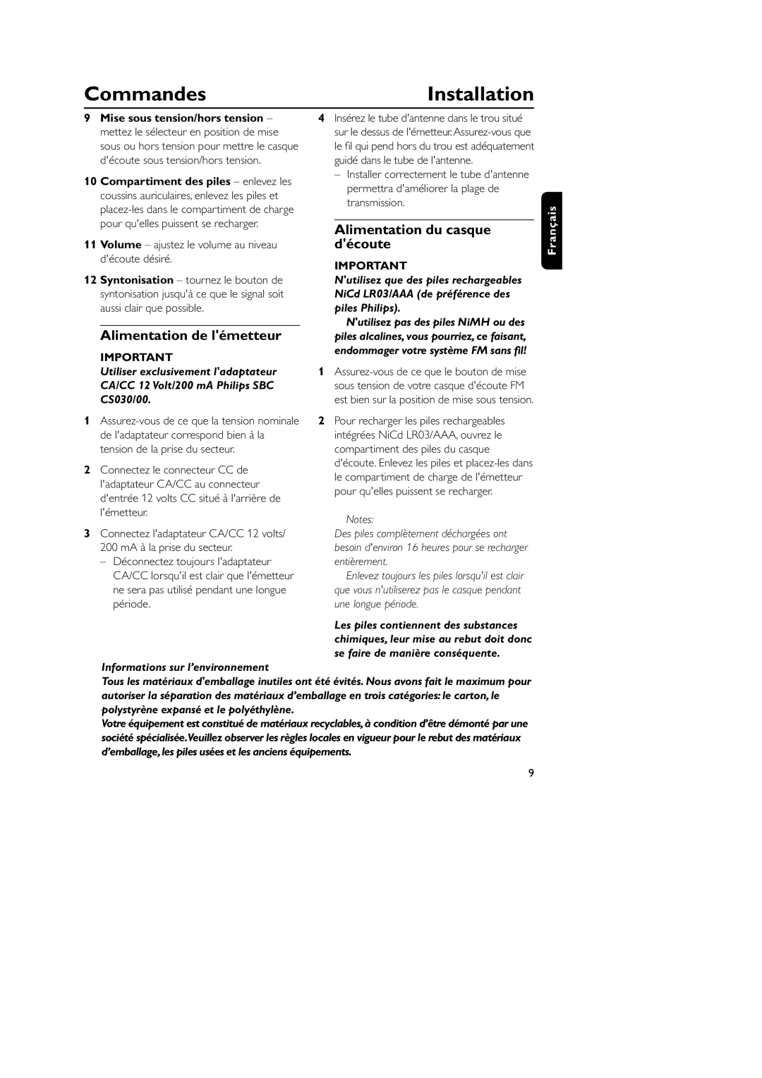 Philips SBC HC8355, SBC CS030/00, HC8349 CommandesInstallation, Alimentation de lémetteur, Alimentation du casque découte 