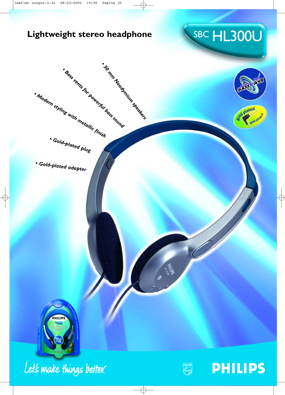Philips SBC HL300U manual Lightweight stereo headphone, vents, bass, Neodymium, Bass, sound, Gold-platedadapter, speakers 