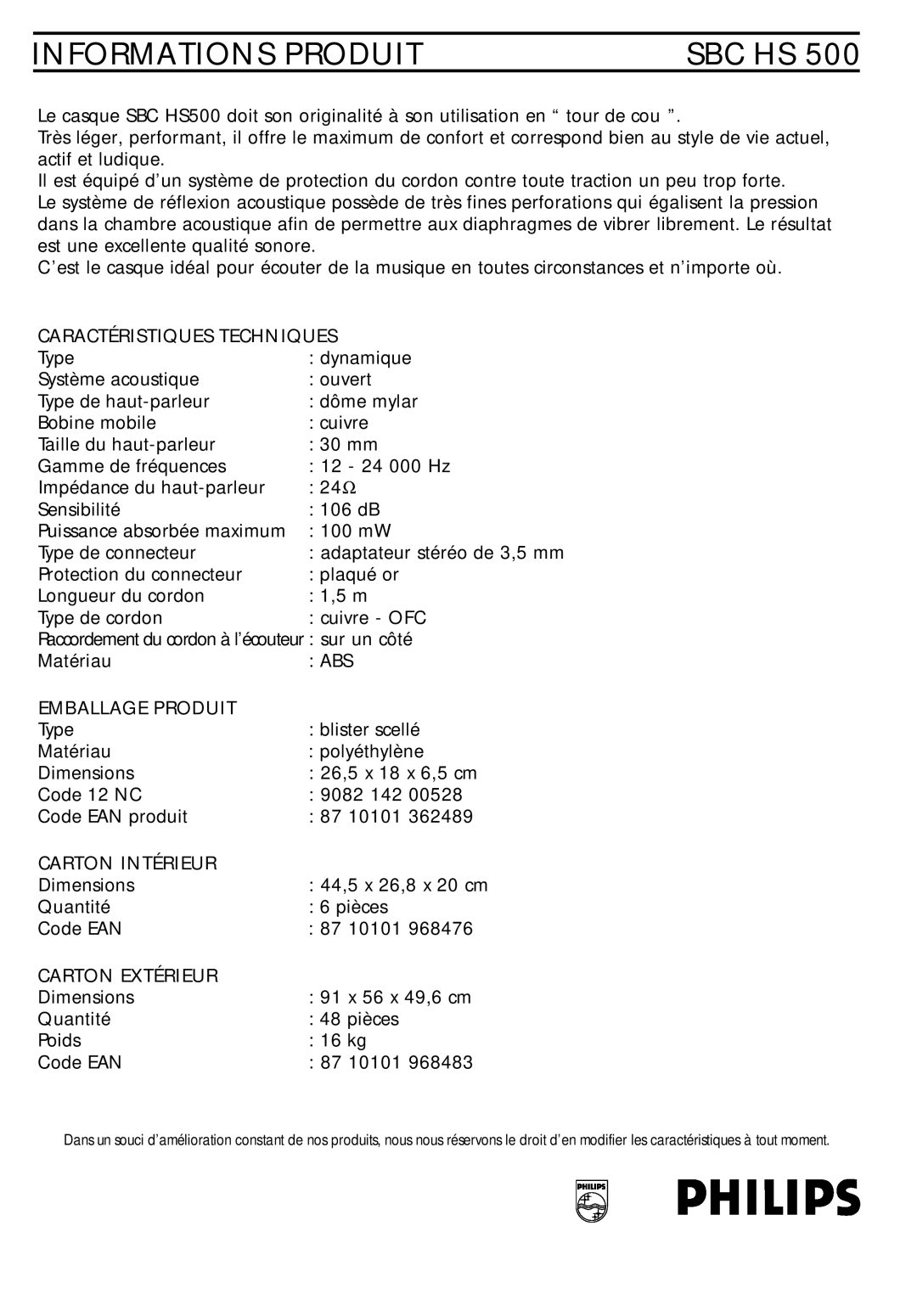 Philips SBC HS500 manual Informations Produit, Sbc Hs 