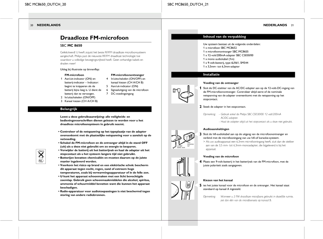 Philips Draadloze FM-microfoon, SBC MC8650DUTCH20 SBC MC8650DUTCH21, Inhoud van de verpakking, Installatie, Belangrijk 