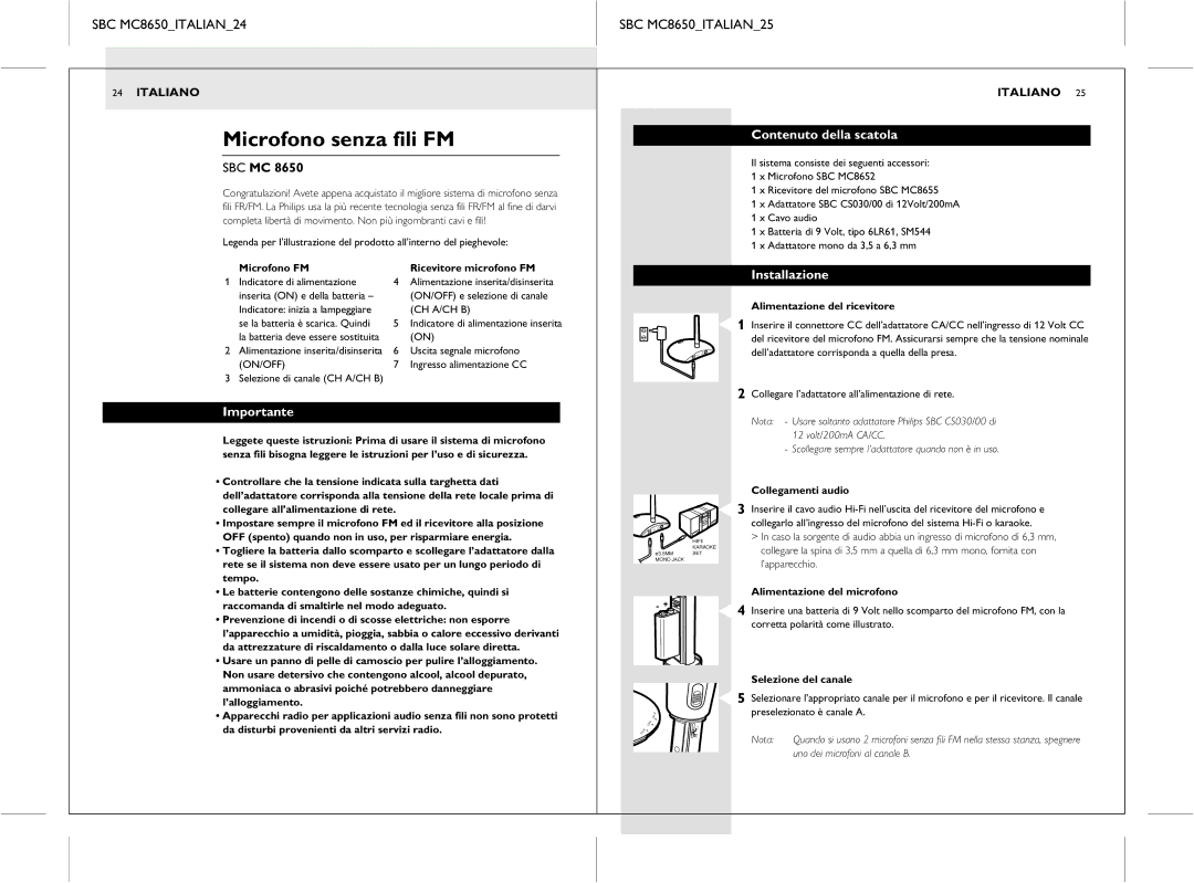 Philips manual Microfono senza fili FM, SBC MC8650ITALIAN24 SBC MC8650ITALIAN25, Contenuto della scatola, Installazione 