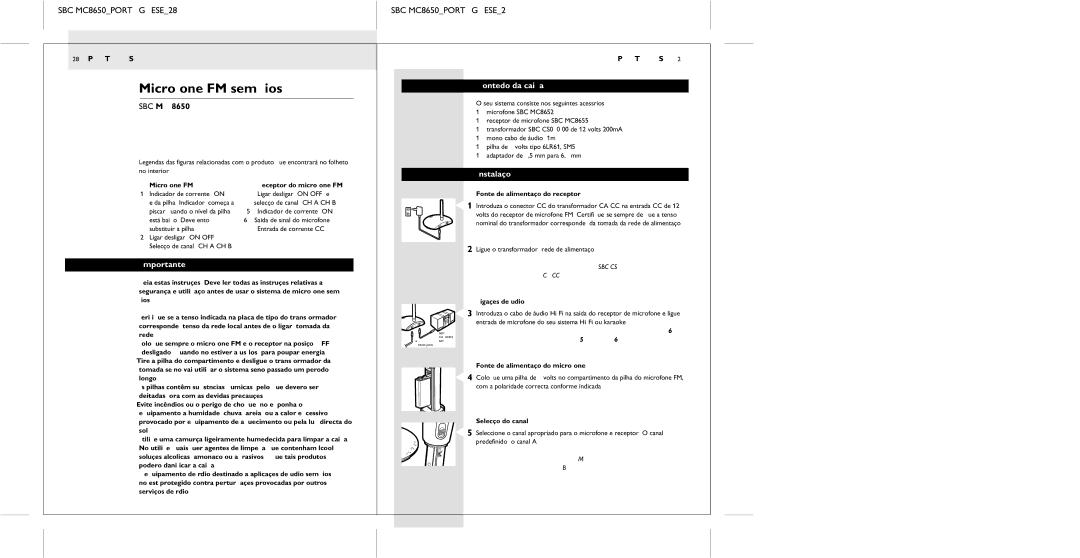 Philips manual Microfone FM sem fios, SBC MC8650PORTUGUESE28 SBC MC8650PORTUGUESE29, Conteúdo da caixa, Instalação 