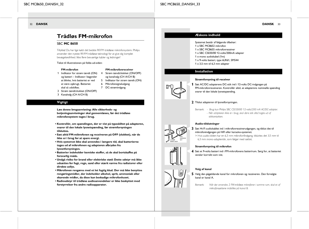 Philips manual Trådløs FM-mikrofon, SBC MC8650DANISH32 SBC MC8650DANISH33, Æskens indhold, Vigtigt 