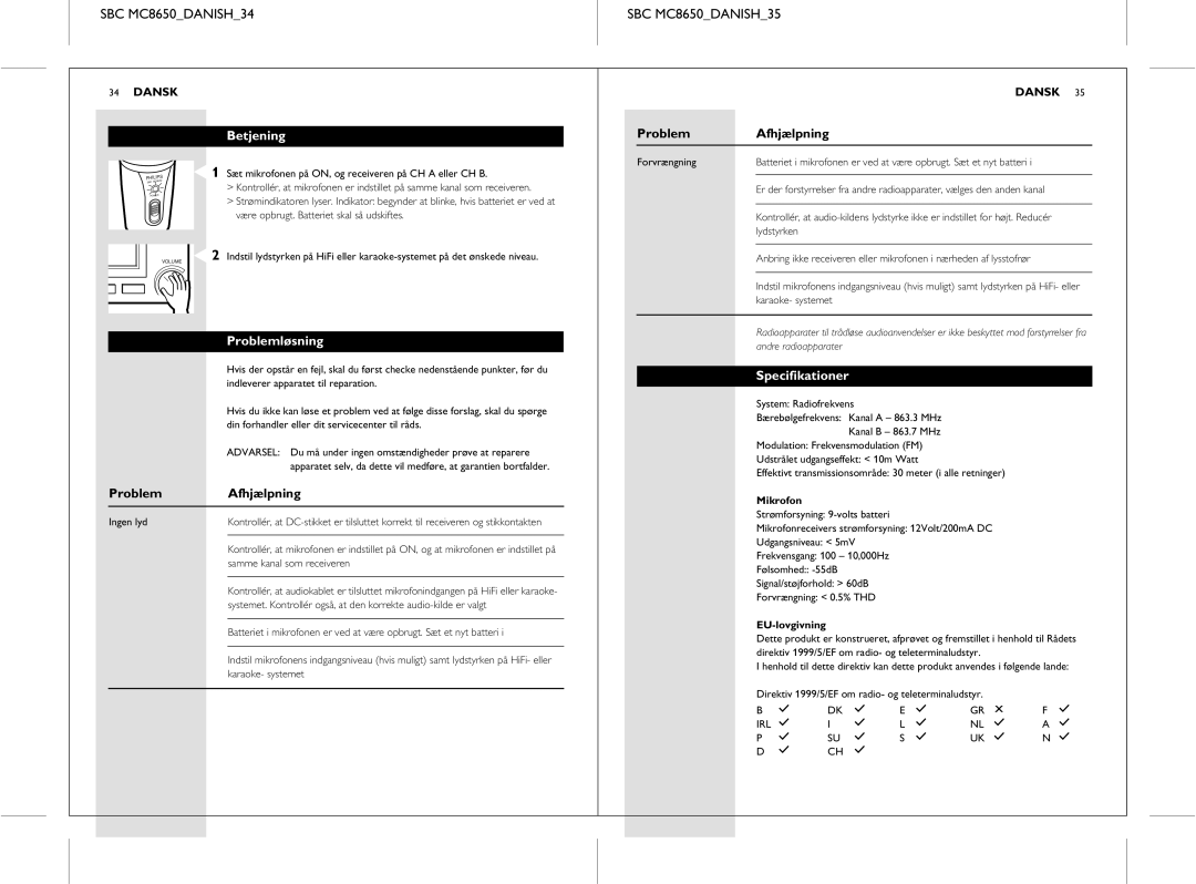 Philips manual SBC MC8650DANISH34 SBC MC8650DANISH35, Betjening, Problem Afhjælpning, Problemløsning 