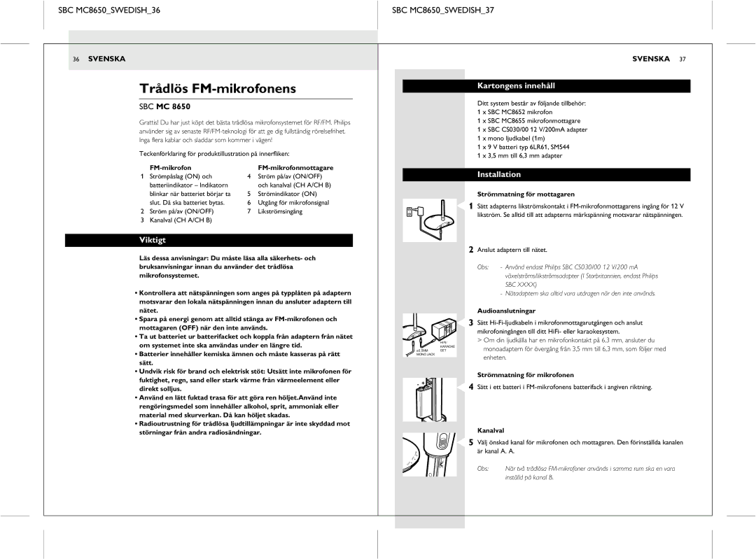 Philips manual Trådlös FM-mikrofonens, SBC MC8650SWEDISH36 SBC MC8650SWEDISH37, Viktigt, Kartongens innehåll 