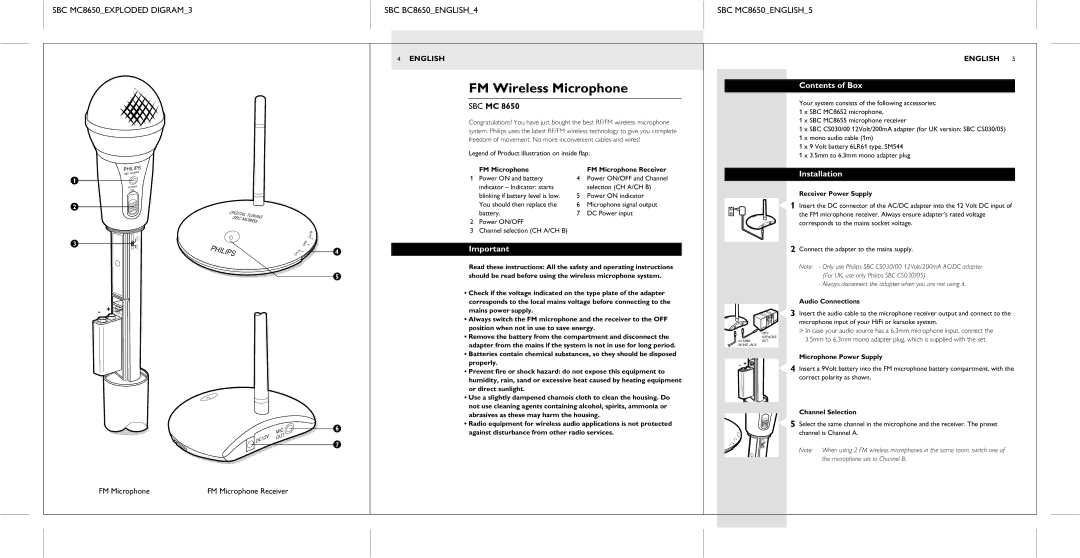 Philips SBC MC8650 manual FM Wireless Microphone, Contents of Box, Installation 