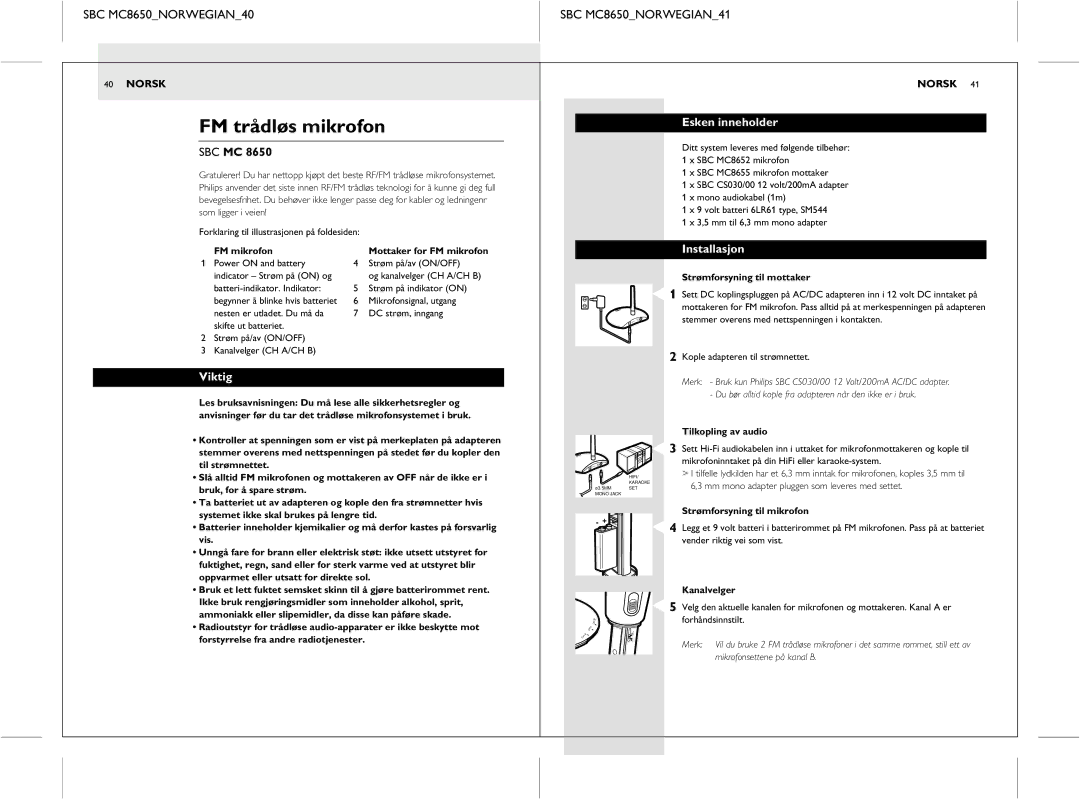Philips manual FM trådløs mikrofon, SBC MC8650NORWEGIAN40 SBC MC8650NORWEGIAN41, Esken inneholder, Installasjon, Viktig 