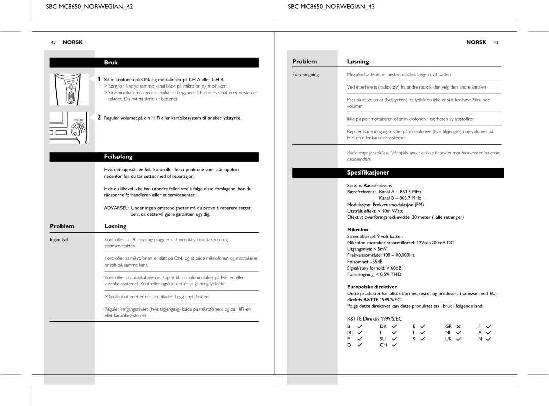 Philips manual SBC MC8650NORWEGIAN42 SBC MC8650NORWEGIAN43, Bruk, Problem Løsning, Feilsøking 
