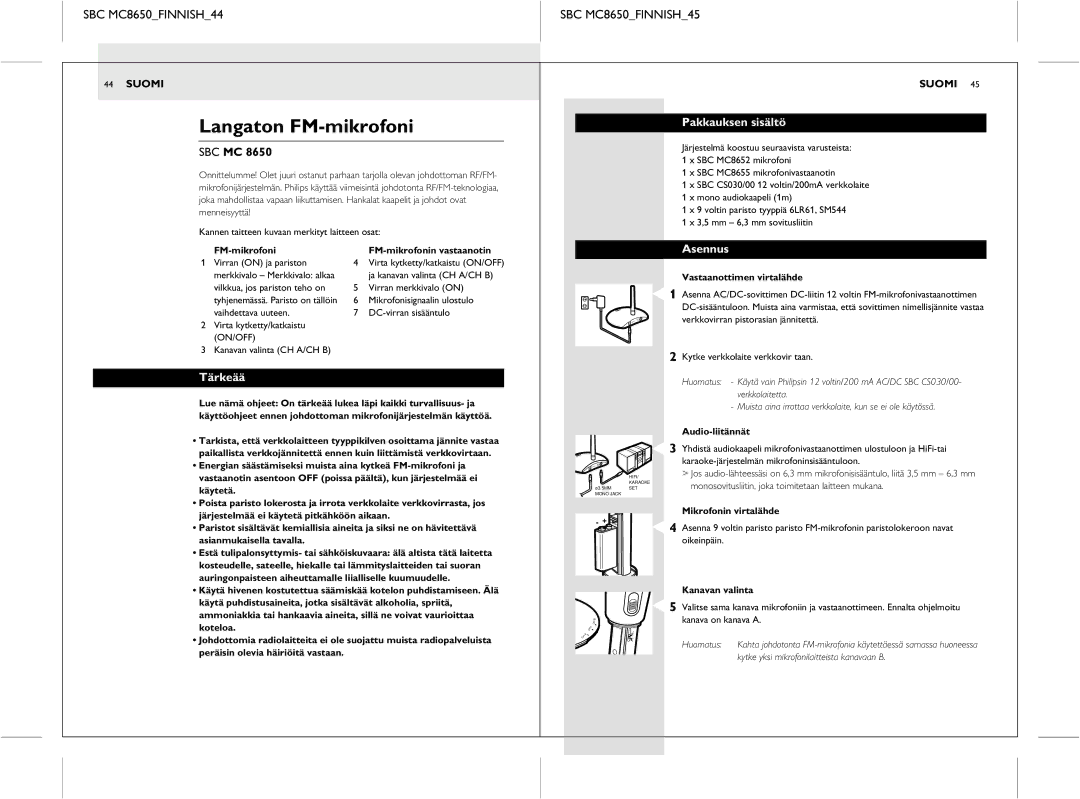 Philips manual Langaton FM-mikrofoni, SBC MC8650FINNISH44 SBC MC8650FINNISH45, Pakkauksen sisältö, Asennus, Tärkeää 