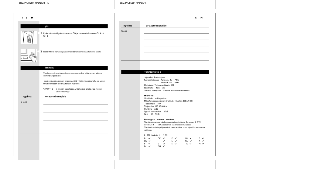 Philips manual SBC MC8650FINNISH46 SBC MC8650FINNISH47, Käyttö, Ongelma Korjaustoimenpide, Vianhaku, Teknisiä tietoja 