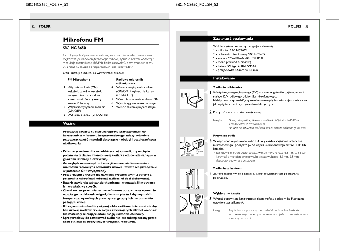 Philips manual Mikrofonu FM, SBC MC8650POLISH52 SBC MC8650POLISH53, Zawartość opakowania, Instalowanie, Ważne 