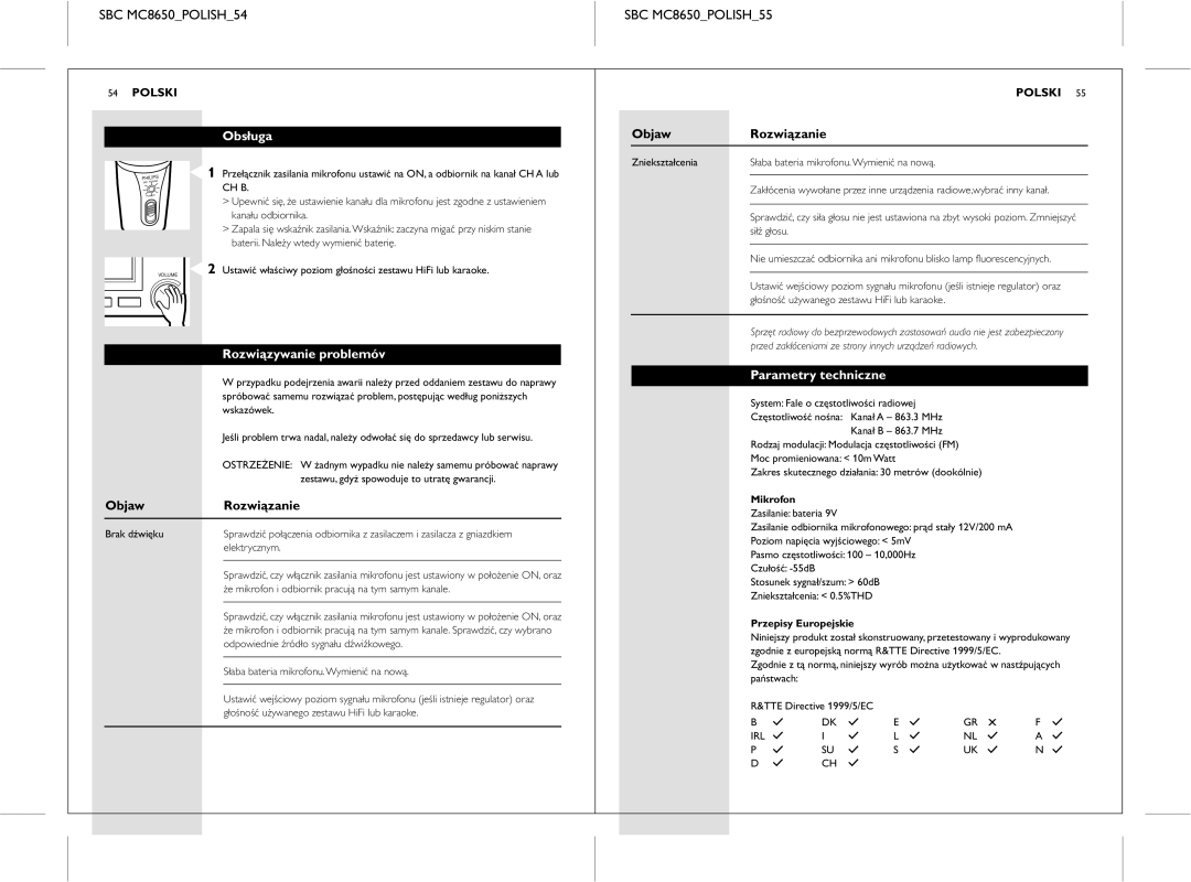 Philips manual SBC MC8650POLISH54 SBC MC8650POLISH55, Obsługa, Objaw Rozwiązanie, Rozwiązywanie problemóv 