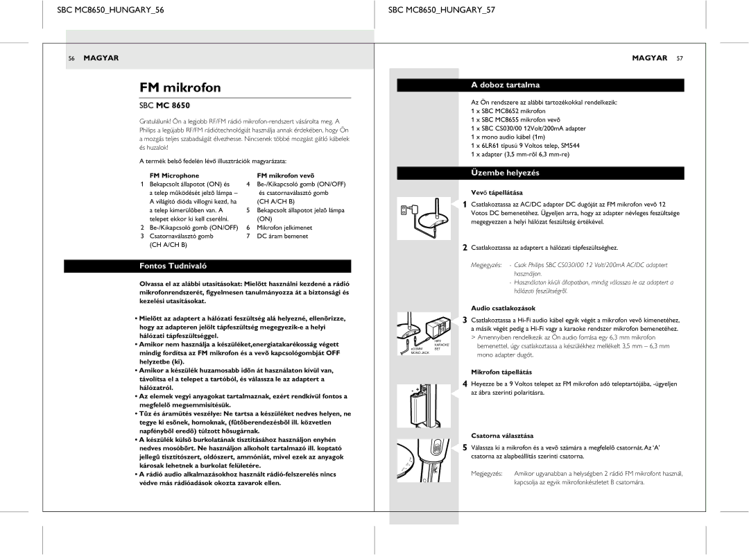 Philips manual FM mikrofon, SBC MC8650HUNGARY56 SBC MC8650HUNGARY57, Doboz tartalma, Üzembe helyezés, Fontos Tudnivaló 