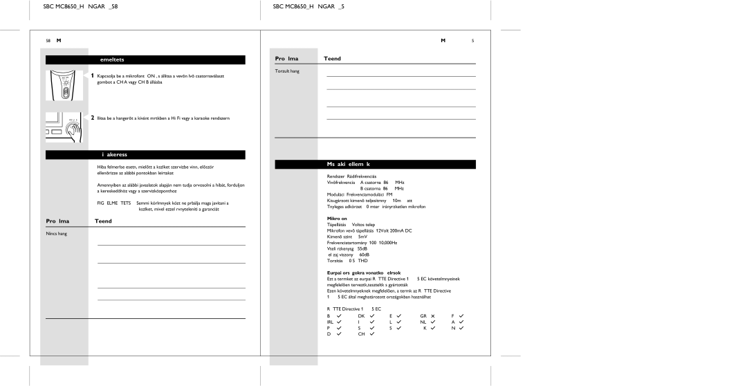 Philips manual SBC MC8650HUNGARY58 SBC MC8650HUNGARY59, Üzemeltetés, Probléma Teendõ, Hibakeresés, Mûszaki jellemzõk 