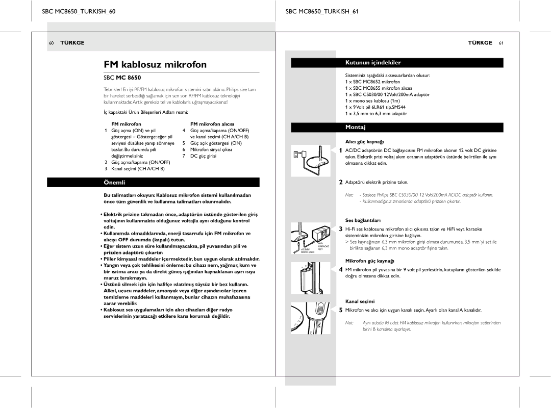 Philips manual FM kablosuz mìkrofon, SBC MC8650TURKISH60 SBC MC8650TURKISH61, Önemli, Kutunun içindekiler, Montaj 