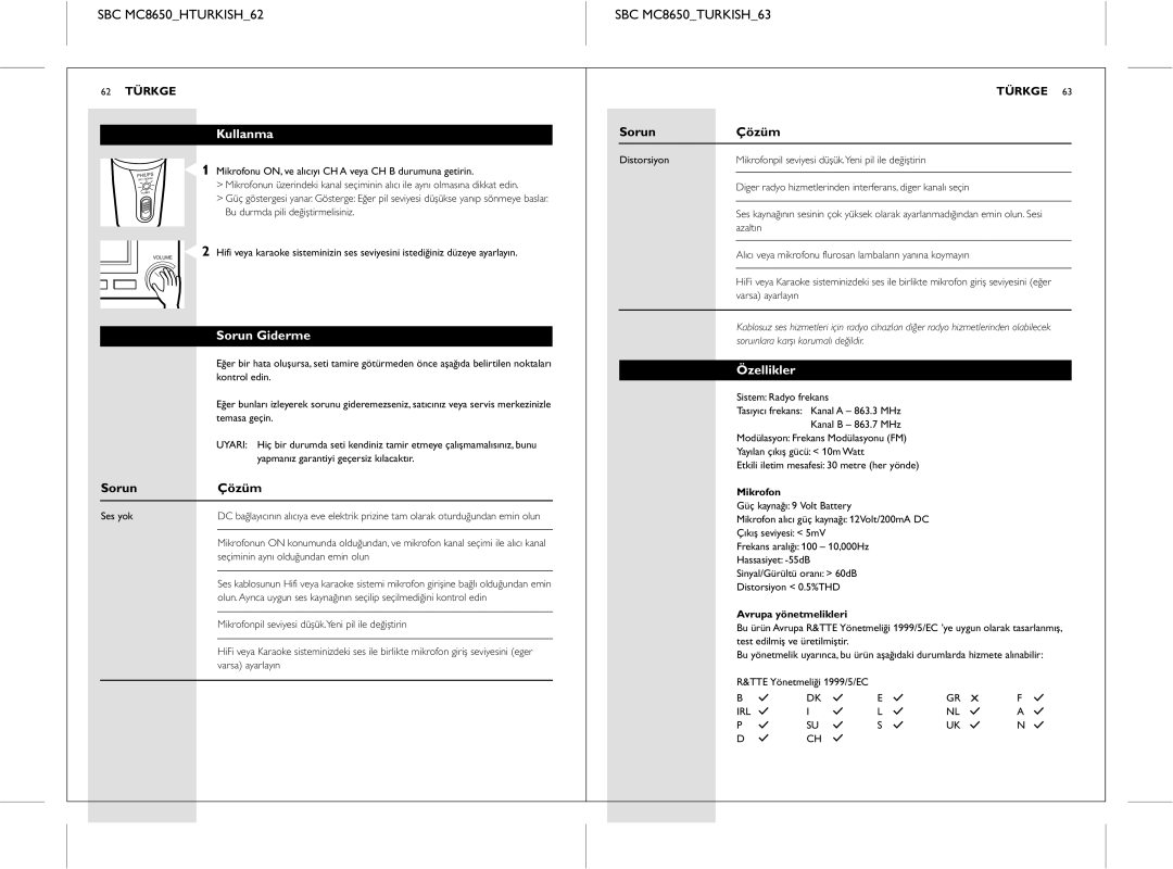 Philips manual SBC MC8650HTURKISH62 SBC MC8650TURKISH63, Kullanma, Sorun Çözüm, Sorun Giderme, Özellikler 